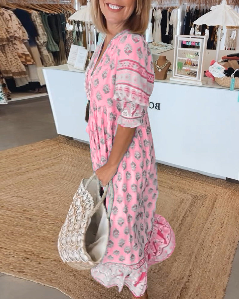 Pathy | Damen Frühlingskleid Boho-Muster V-Ausschnitt Maxikleid