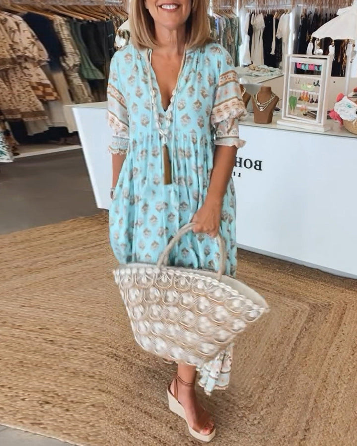 Pathy | Damen Frühlingskleid Boho-Muster V-Ausschnitt Maxikleid