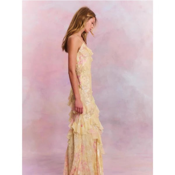 Rosalia | Damen Maxikleid mit Rüschen, Blumendruck Spaghettiträger