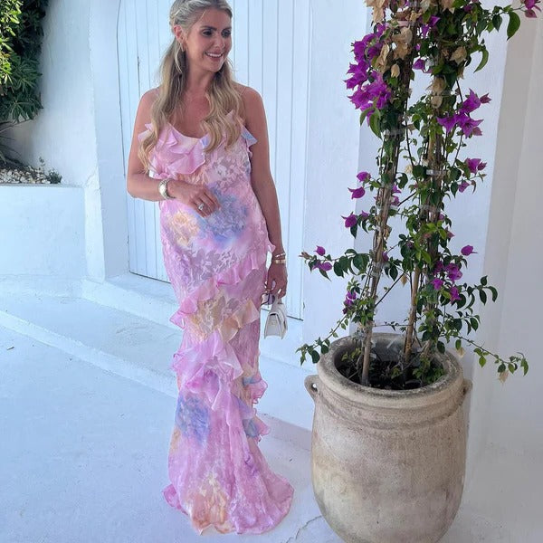 Rosalia | Damen Maxikleid mit Rüschen, Blumendruck Spaghettiträger