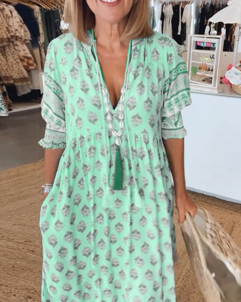 Pathy | Damen Frühlingskleid Boho-Muster V-Ausschnitt Maxikleid