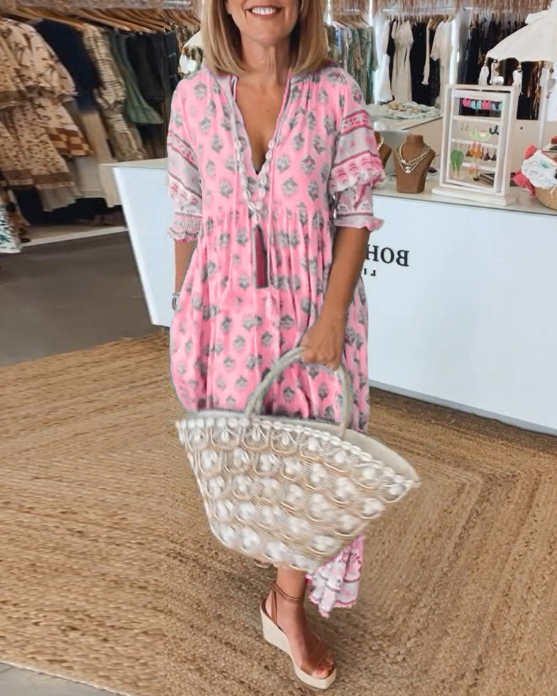 Pathy | Damen Frühlingskleid Boho-Muster V-Ausschnitt Maxikleid