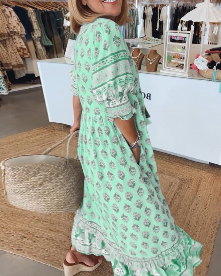 Pathy | Damen Frühlingskleid Boho-Muster V-Ausschnitt Maxikleid