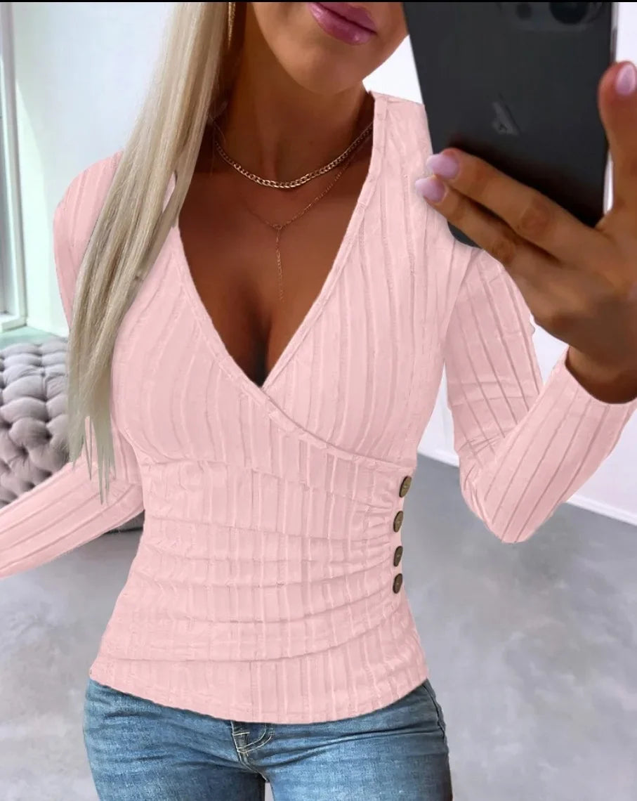 Ava | Damen Ripp Langarmshirt Tiefer V-Ausschnitt Tailliert