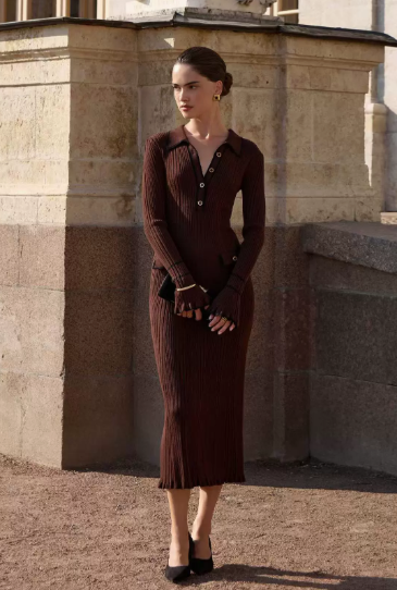 Celine | Damen Strick Midi Kleid Figurenbetonend Langarm Elegantes Kleid