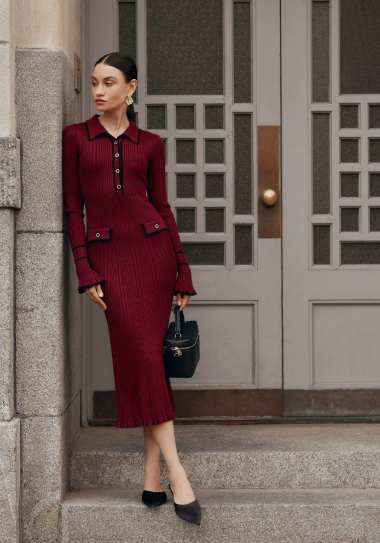 Celine | Damen Strick Midi Kleid Figurenbetonend Langarm Elegantes Kleid