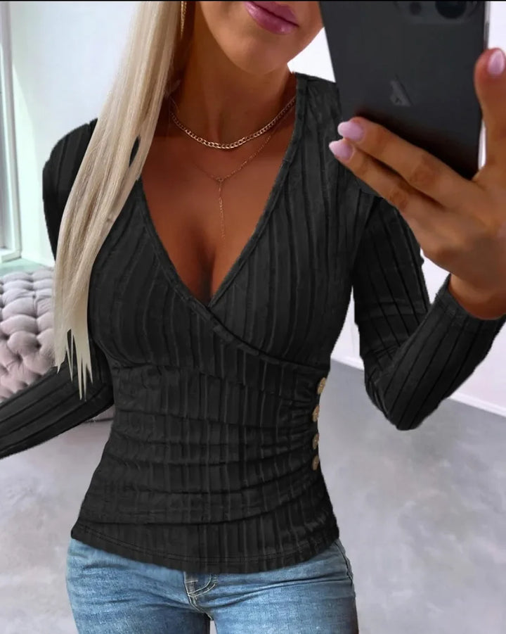 Ava | Damen Ripp Langarmshirt Tiefer V-Ausschnitt Tailliert