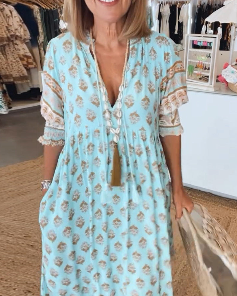 Pathy | Damen Frühlingskleid Boho-Muster V-Ausschnitt Maxikleid