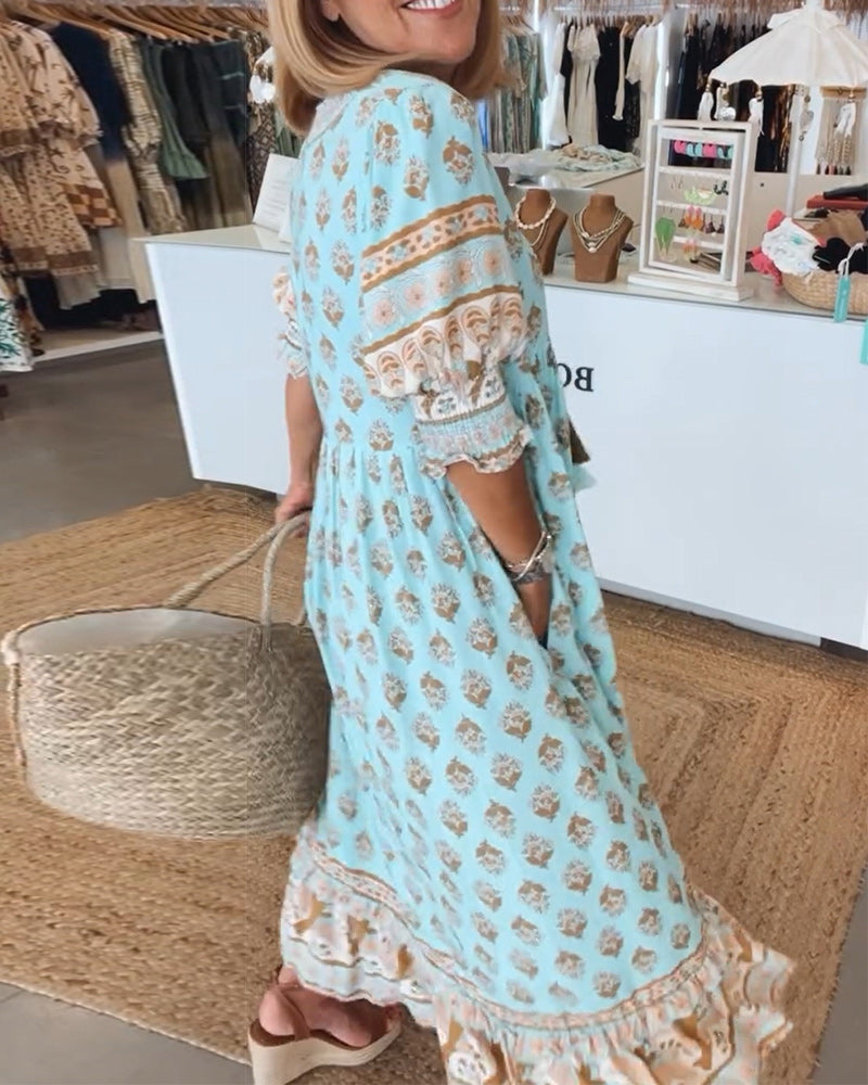 Pathy | Damen Frühlingskleid Boho-Muster V-Ausschnitt Maxikleid