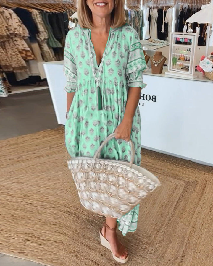 Pathy | Damen Frühlingskleid Boho-Muster V-Ausschnitt Maxikleid
