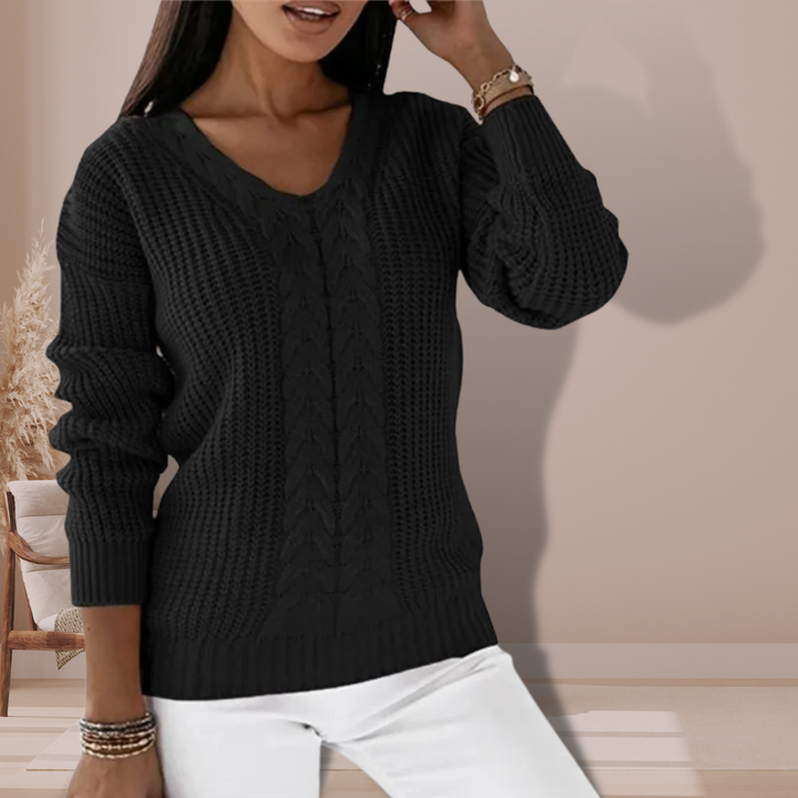 Miala | Damen pullover V-Ausschnitt Zopfmuster Langarm