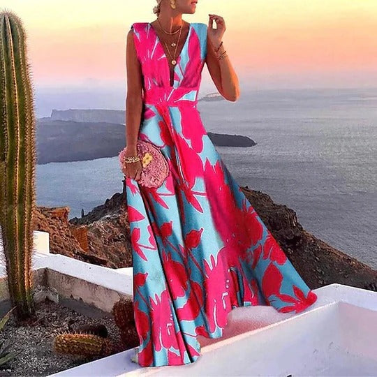 Santina | Damen Maxikleid mit tiefem V-Ausschnitt, ärmellos festlich