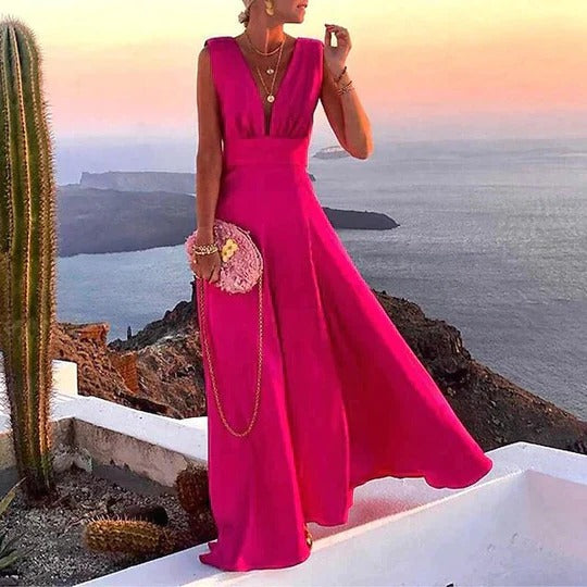 Santina | Damen Maxikleid mit tiefem V-Ausschnitt, ärmellos festlich