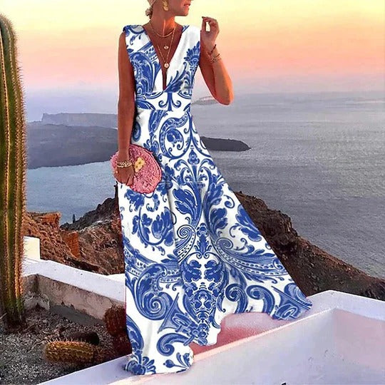 Santina | Damen Maxikleid mit tiefem V-Ausschnitt, ärmellos festlich