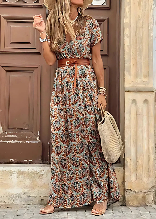 Isabella | Damen Boho Maxi-Kleid Paisley V-Ausschnitt Gürtel