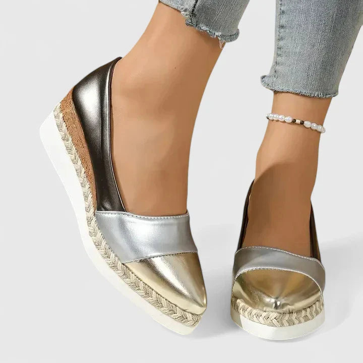 Goldie | Damen Espadrilles Keilsohle Metallic Slip-On Loafer Sommerschuhe