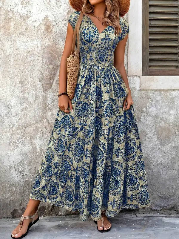Paloma | Damen Boho Maxikleid mit Smocking-Taille, V-Ausschnitt Print