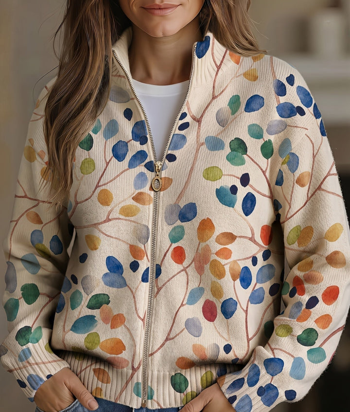 Imke | Damen Strickjacke mit Blätterdruck und Reißverschluss - Image 1