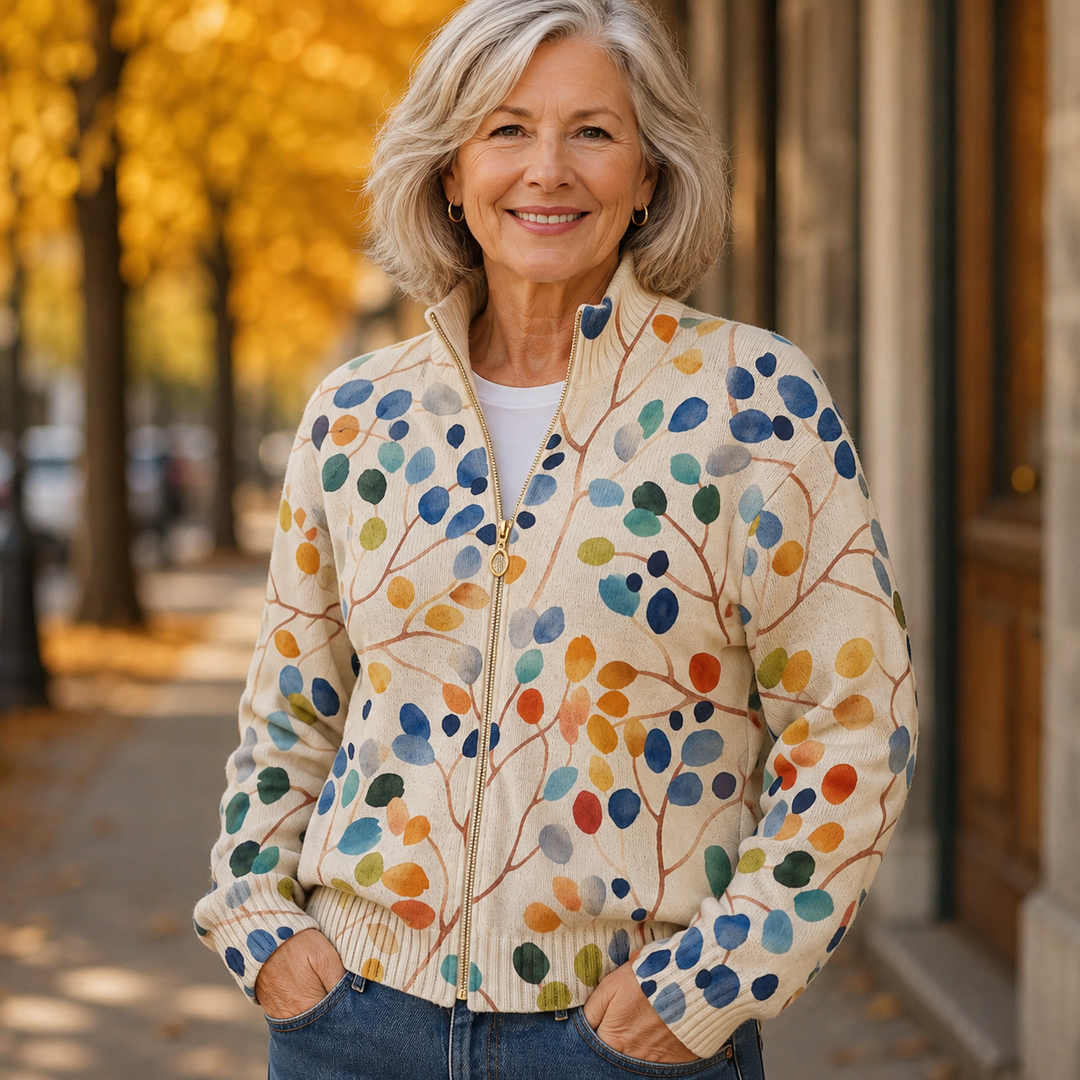 Imke | Damen Strickjacke mit Blätterdruck und Reißverschluss - Image 3