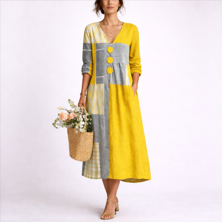 Ingeborg | Damen V-Ausschnitt Patchwork Midi Kleid - Image 1
