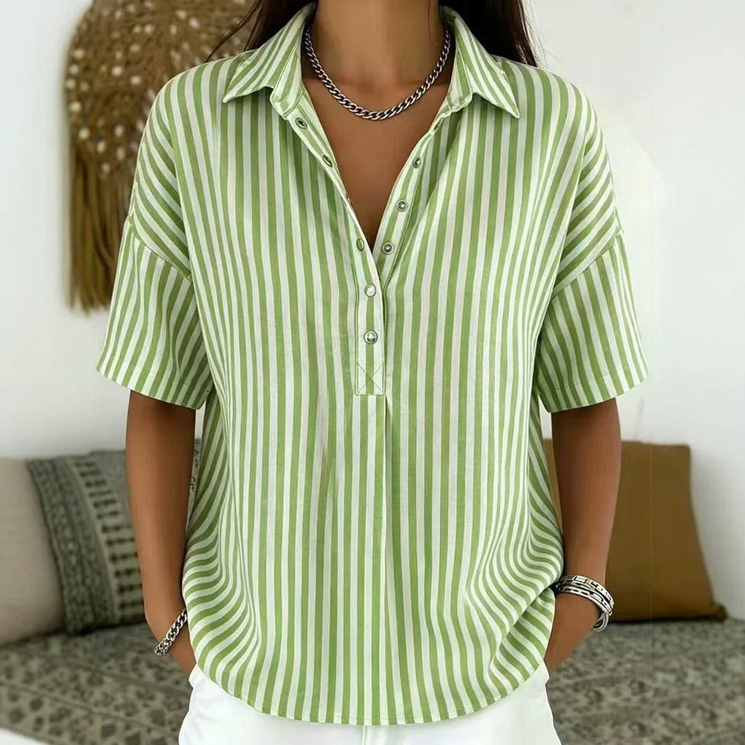 Ingrid | Damen Gestreifte Kurzarm Hemdbluse - Striped - Image 2
