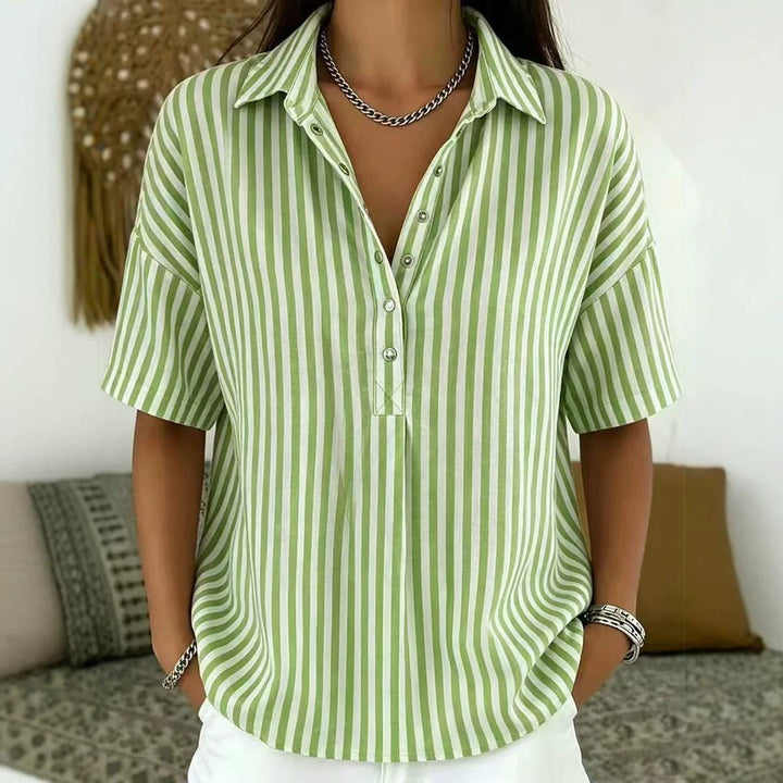 Ingrid | Damen Gestreifte Kurzarm Hemdbluse - Striped - Image 2