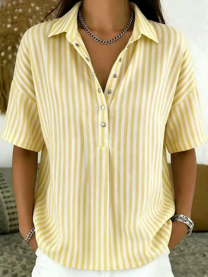 Ingrid | Damen Gestreifte Kurzarm Hemdbluse - Striped - Image 3