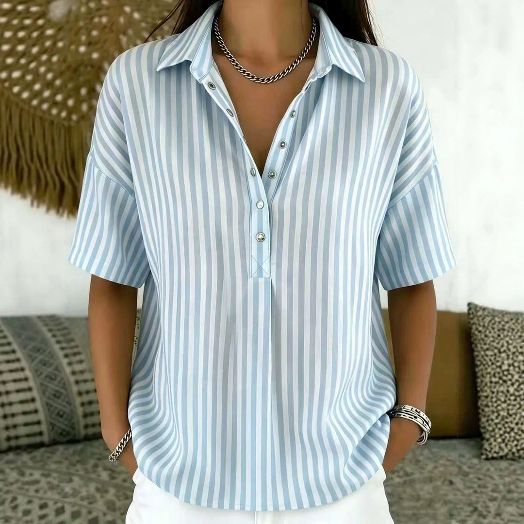 Ingrid | Damen Gestreifte Kurzarm Hemdbluse - Striped - Image 7