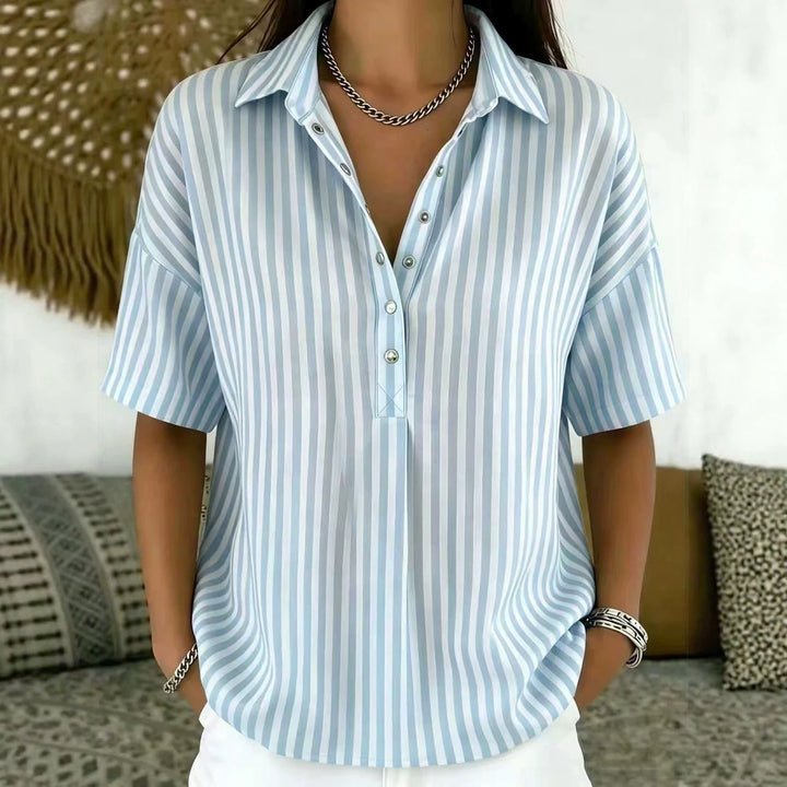 Ingrid | Damen Gestreifte Kurzarm Hemdbluse - Striped - Image 7