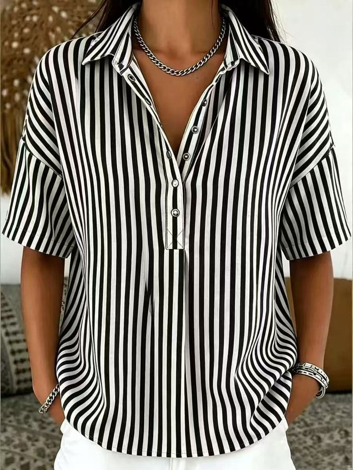 Ingrid | Damen Gestreifte Kurzarm Hemdbluse - Striped - Image 9