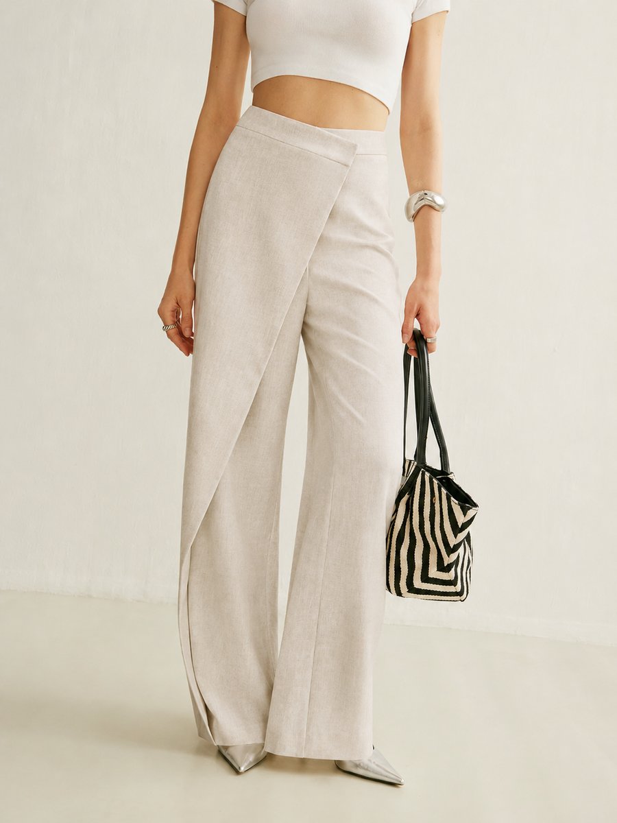 Ingrid | Damen High Waist Wide Leg Hose Asymmetrisch - Light Grey - Image 2