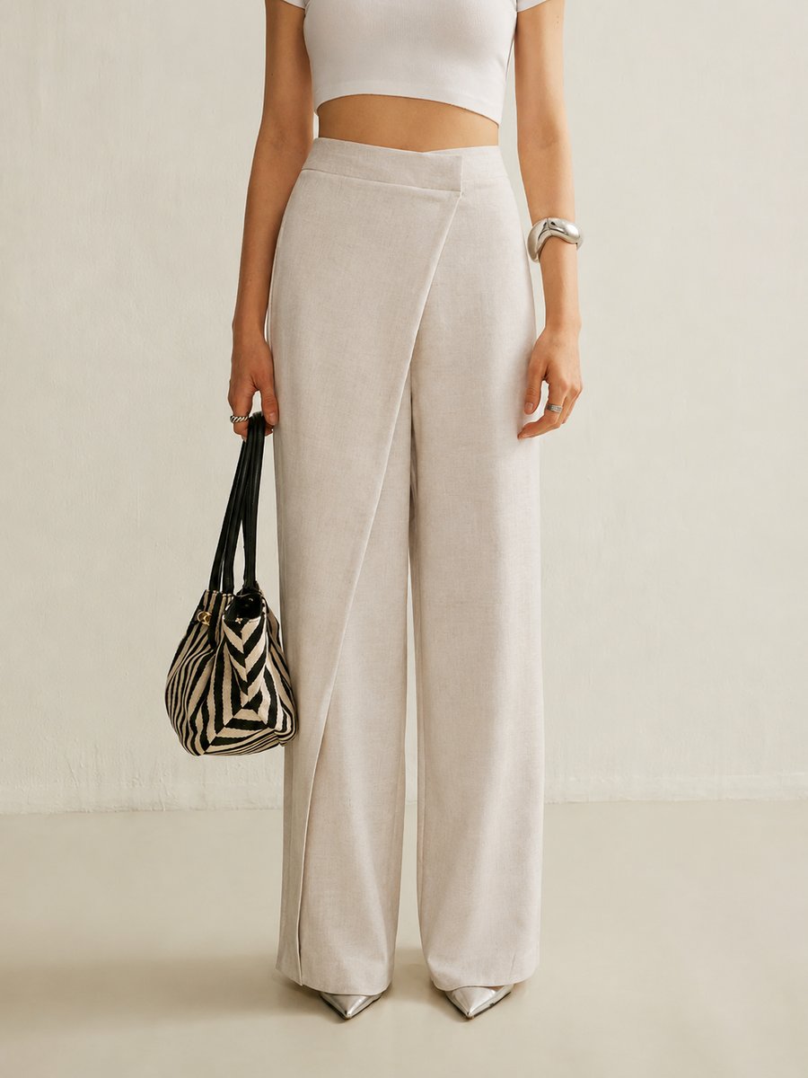 Ingrid | Damen High Waist Wide Leg Hose Asymmetrisch - Light Grey - Image 3