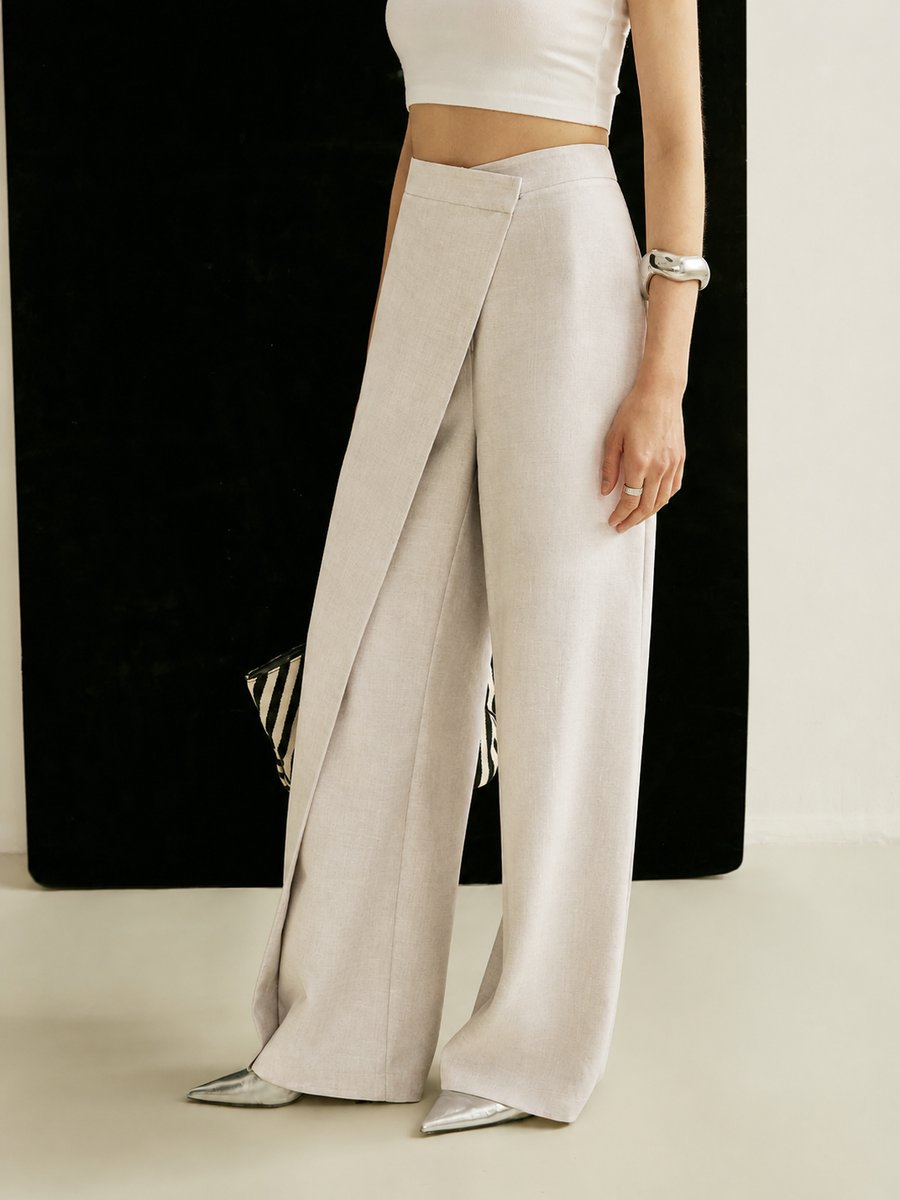 Ingrid | Damen High Waist Wide Leg Hose Asymmetrisch - Light Grey - Image 4