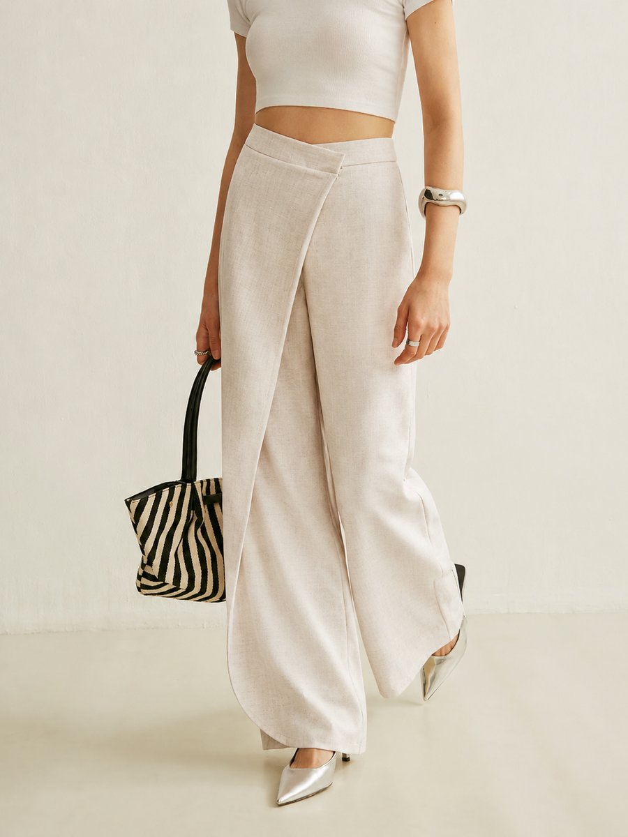 Ingrid | Damen High Waist Wide Leg Hose Asymmetrisch - Light Grey - Image 5