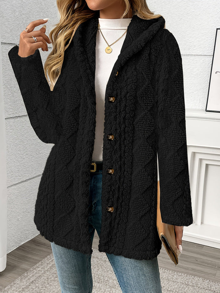 Ingvild | Damen Teddymantel Flauschiger Wintermantel - Black - Image 4