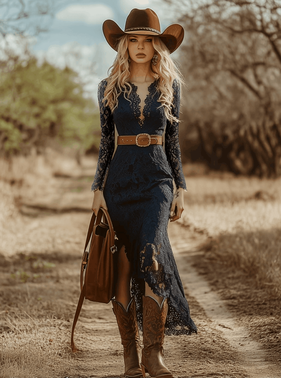 Iphigenia | Damen V-Ausschnitt Langarm Spitzen Midikleid - Navy - Image 3