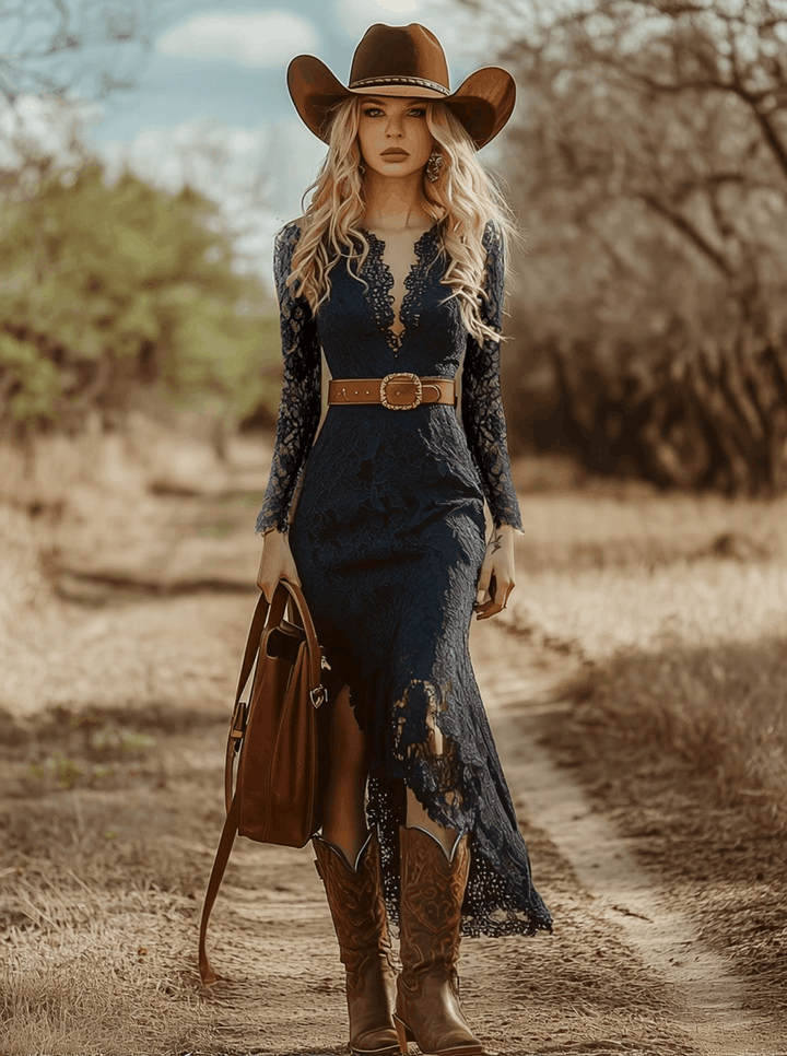 Iphigenia | Damen V-Ausschnitt Langarm Spitzen Midikleid - Navy - Image 3