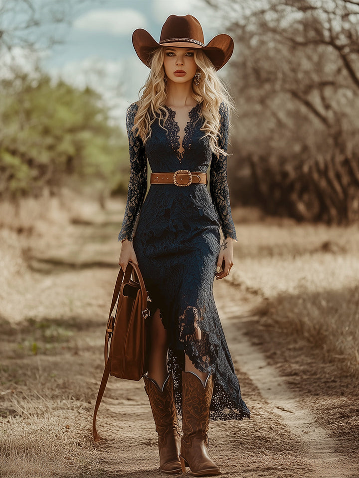 Iphigenia | Damen V-Ausschnitt Langarm Spitzen Midikleid - Navy - Image 7