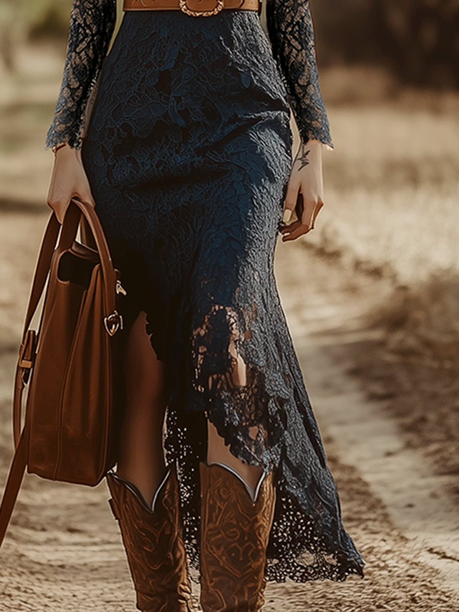 Iphigenia | Damen V-Ausschnitt Langarm Spitzen Midikleid - Navy - Image 9