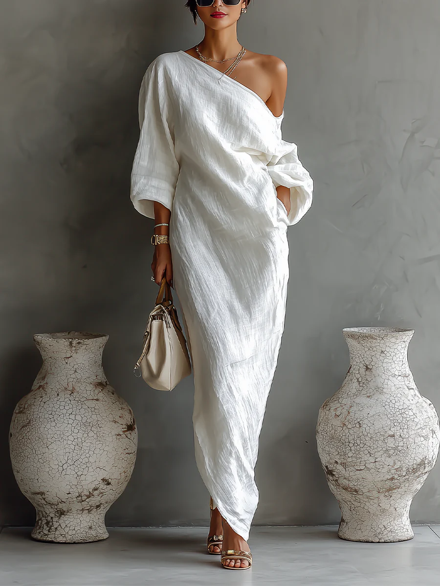 Isadora | Damen Ein-Schulter Langarm Maxikleid - White - Image 1