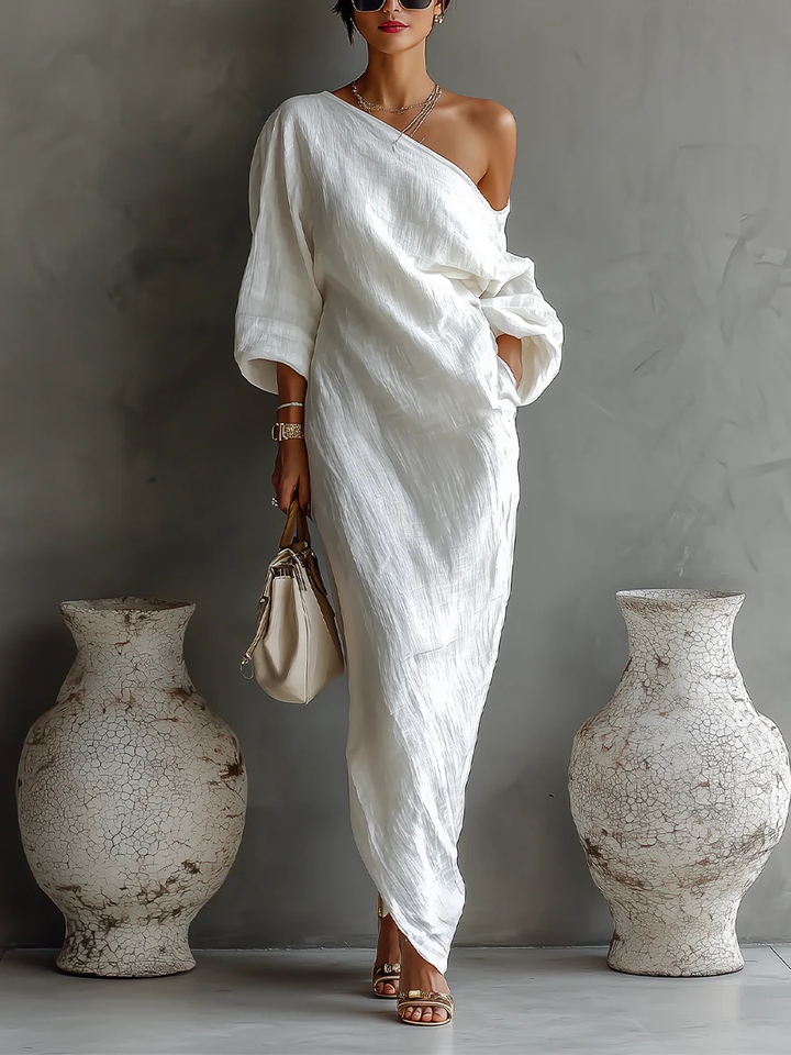 Isadora | Damen Ein-Schulter Langarm Maxikleid - White - Image 1