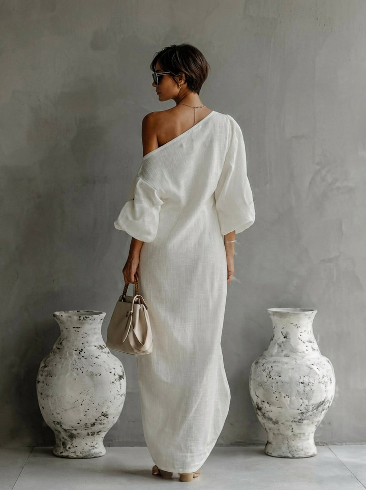 Isadora | Damen Ein-Schulter Langarm Maxikleid - White - Image 2