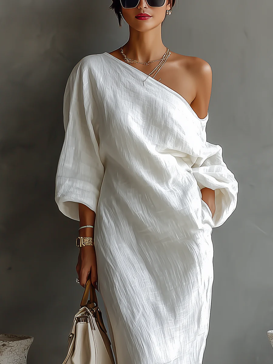 Isadora | Damen Ein-Schulter Langarm Maxikleid - White - Image 3