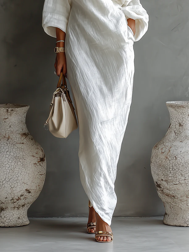 Isadora | Damen Ein-Schulter Langarm Maxikleid - White - Image 4