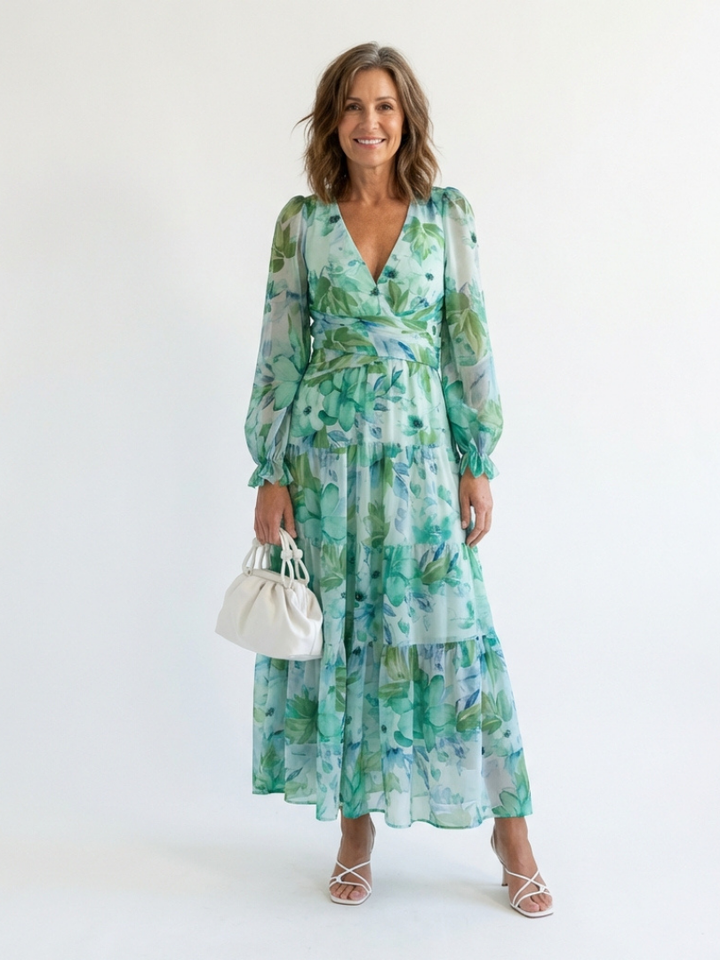 Isolde | Damen Blumenmuster Wickel Maxikleid - Green - Image 1