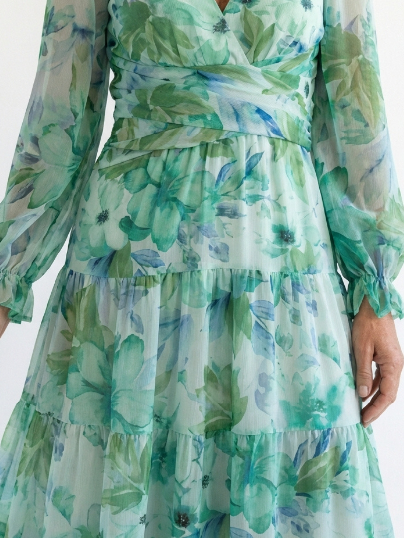 Isolde | Damen Blumenmuster Wickel Maxikleid - Green - Image 2