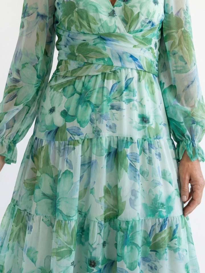 Isolde | Damen Blumenmuster Wickel Maxikleid - Green - Image 2