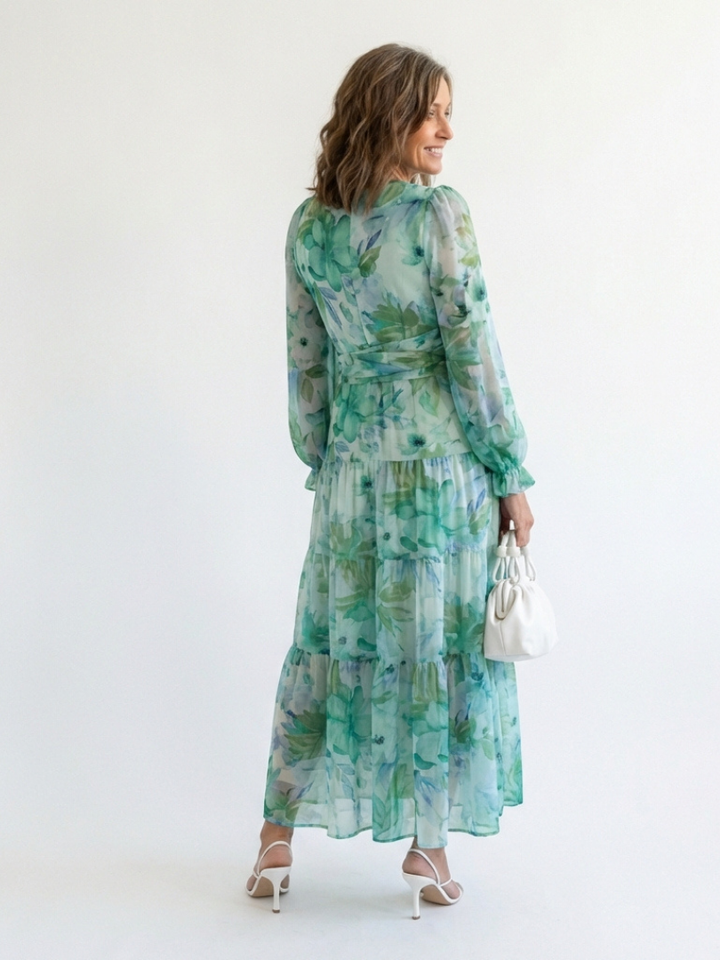 Isolde | Damen Blumenmuster Wickel Maxikleid - Green - Image 4