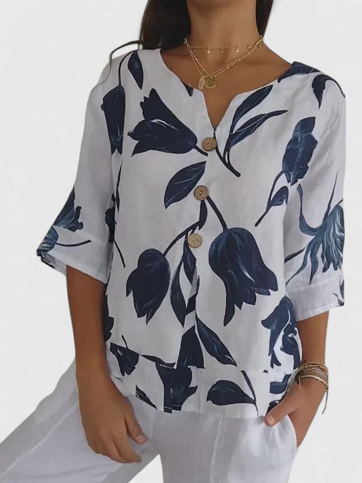 Isolde | Damen Bluse Blumenprint V-Ausschnitt 3/4-Arm - Floral - Image 3