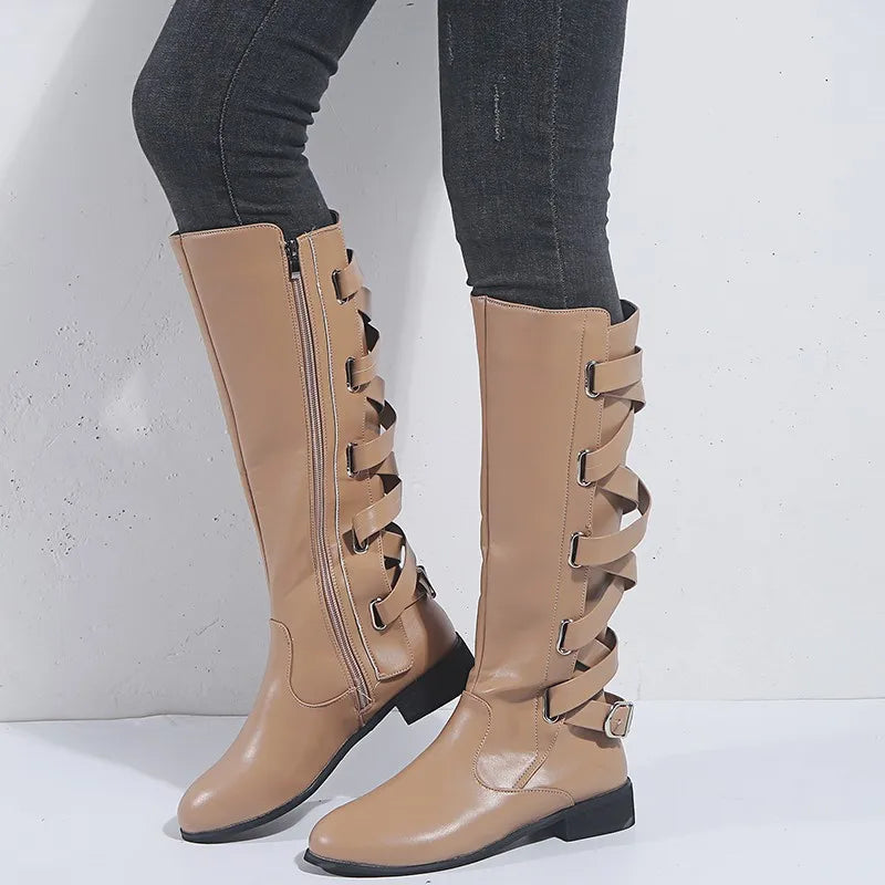 Isolde | Damen Kniehohe Stiefel mit Schnallen - Camel - Image 3